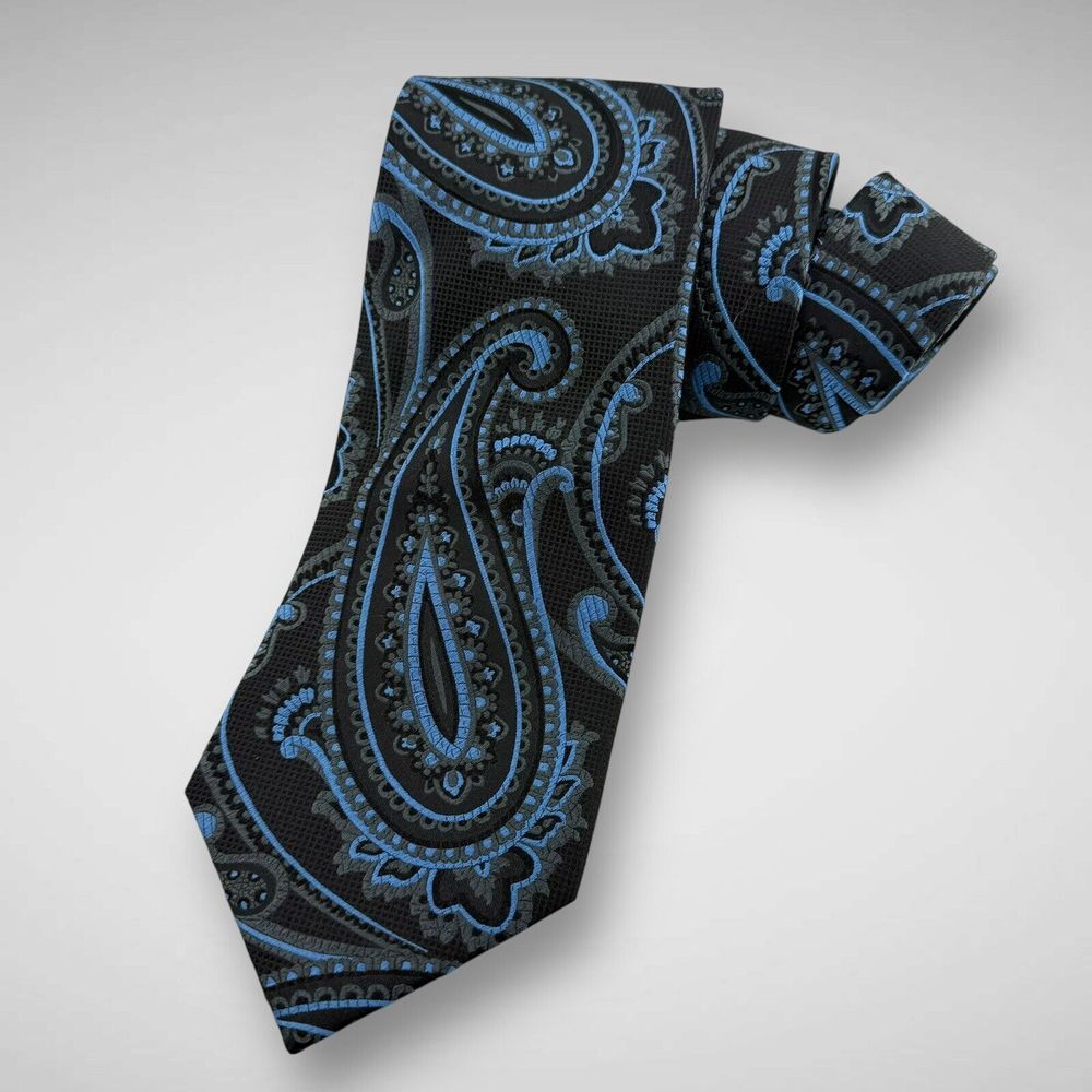 The Tie Bar Mens Neck Tie Black Blue Paisley All‎ Over Silk